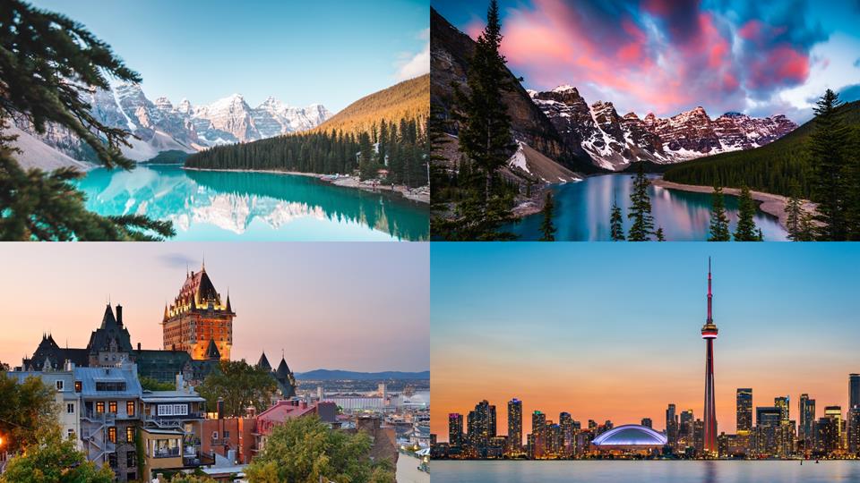 4 images - Lake Louise by day and Lake Louise by night, Toronto skylight during sunset, and Quebec Old Town - 3 WEEKS IN CANADA ITINERARY