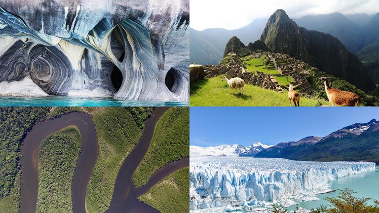 4 images - top left are the marble caves in Chile,. Top right is the view of Machu Picchu Citadel with Andes animals. Bottom right is the glacier of Argentina. Bottom right is the aerial view of Amazon River - 3 weeks in South America Itinerary