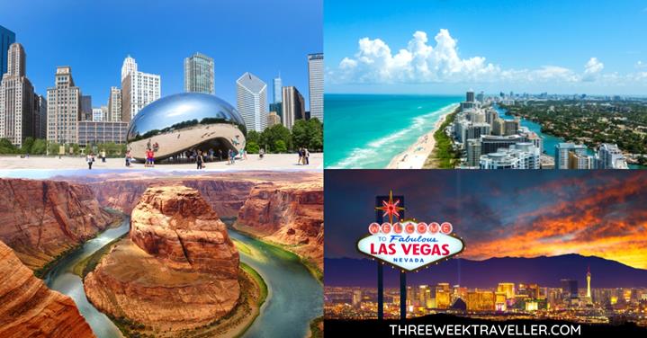 4 images - Chicago cloud gate, California cost line, las vegas sign, Grand Canyon - 3 WEEKS IN USA ITINERARY 