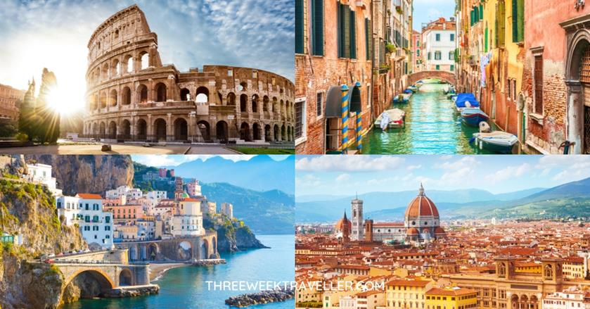 4 images of Italy - top left is the iconic Colosseum. Top right is the romantic Venice canals. Bottom right is the Cathedral of Santa Maria del Fiore with a massive dome. Bottom left is houses on the Lake Como - 3 weeks in Italy itinerary