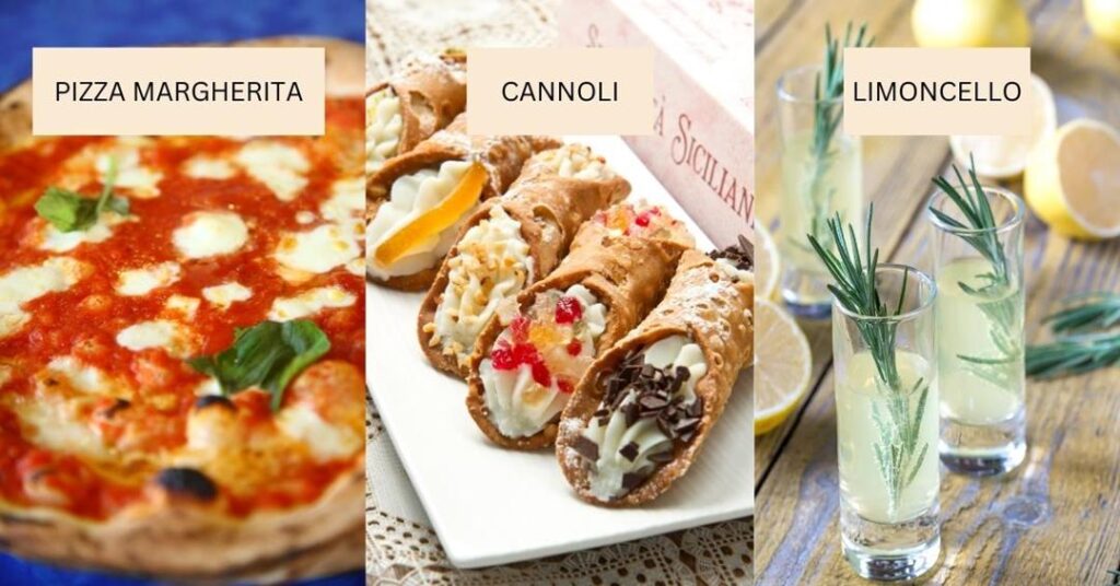 3 Italian food and drinks - on the left is pizza margherita, in the middle is cannoli, on the right is two glasses of limoncello - 3 weeks in italy itinerary food
