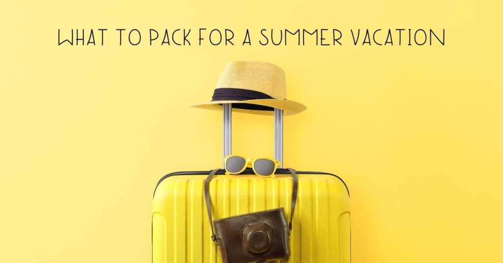 yellow suitcase with a hat on the handle with a yellow background - what to pack for a summer holiday - PACKING FOR 3 WEEKS SUMMER HOLIDAY