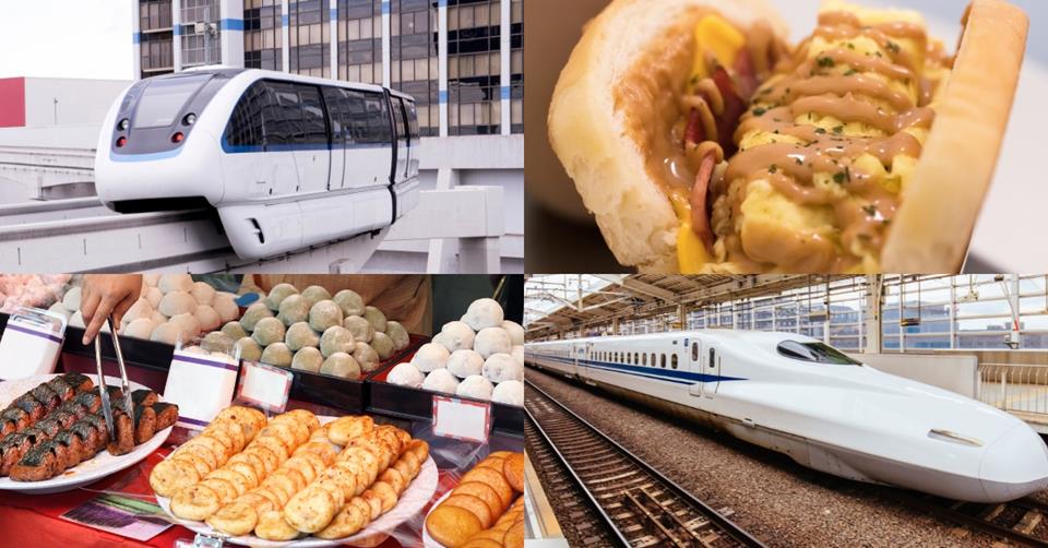 4 images - top left is a train in South Korea. Top right is a South Korean sandwich. Bottom right is Japan bullet train. Bottom left is Japan plate of street food - 3 Weeks In South Korea and Japan Itinerary