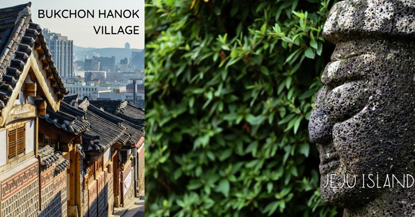 2 images - on the left is Bukchon Hanok Village. On the right is a statue in Jeju Island