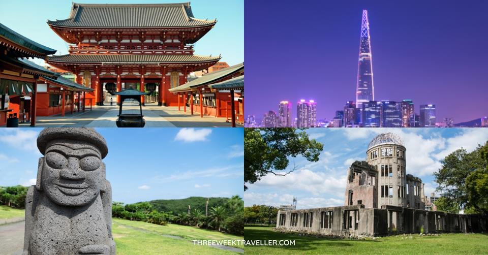 4 images - Top left is Tokyo Temple. Top right is Seoul skyline at night. Bottom right is Hiroshima dome. Bottom left is Jeju Rock sculpture - 3 Weeks In South Korea and Japan Itinerary