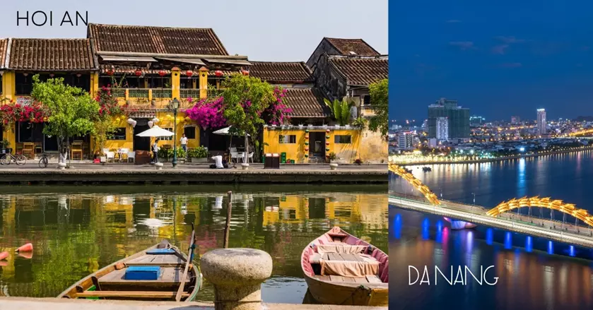 2 images - traditional houses, river, and parked boats, bright long bridge with a dragon arches - 3 Weeks In Vietnam Itinerary