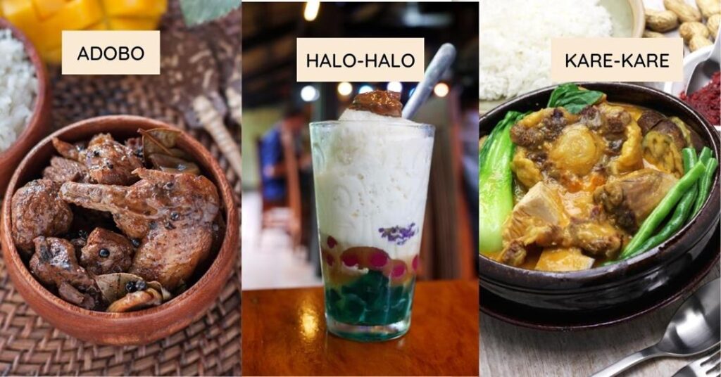 3 images of Filipino food - on the left is chicken adobo. in the middle the ice-shaved halo-halo. on the right is a kare-kare - 3 Weeks in the Philippines itinerary