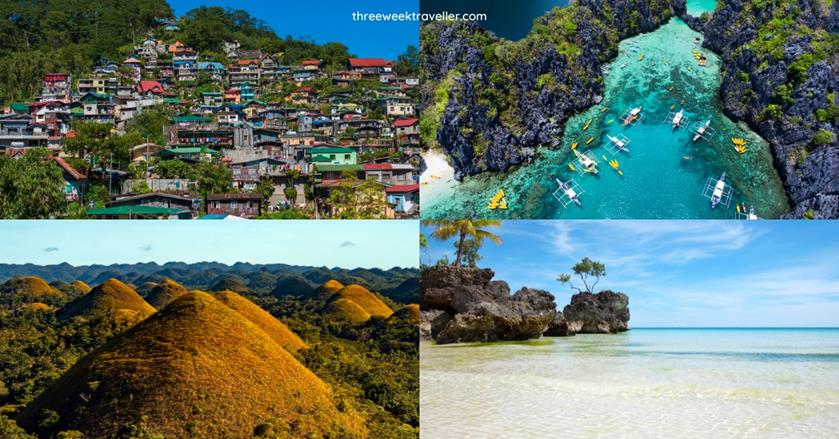 there are 4 photos, cliffs with clue water and boats, brown small hilly mountain, fine sandy beach with rocky island, houses on steep steps - 3-weeks in the philippines