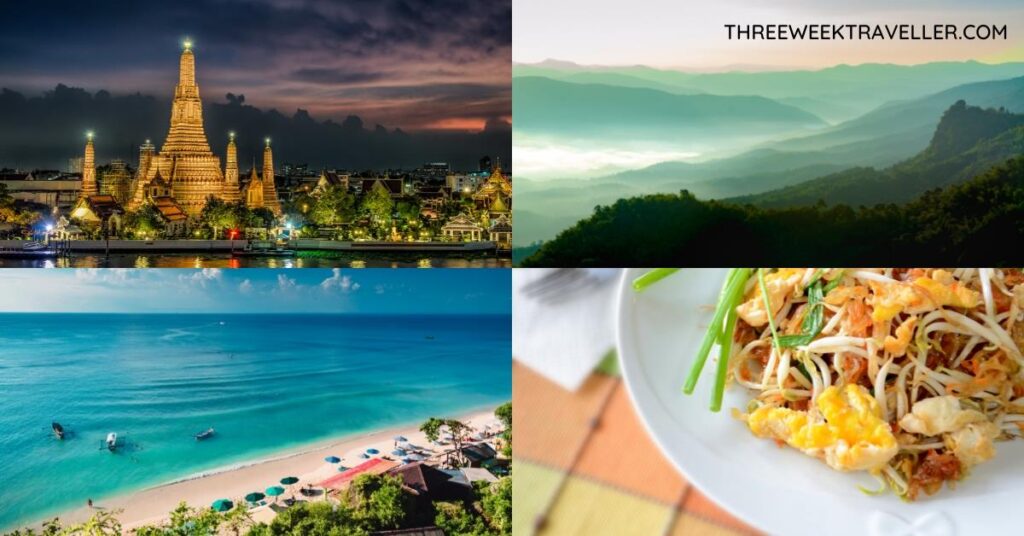 4 images - Wat Arun temple, Chiang Mai sea of clouds, Phuket beach shore, pad thai - 3-Weeks in Thailand Itinerary