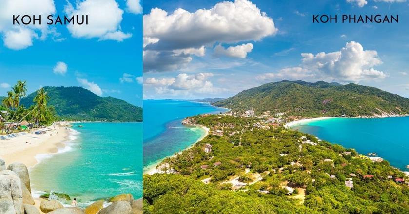 2 images - beach in Koh Samui and an aerial shot of Koh Phangan - 3-Weeks in Thailand Itinerary