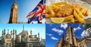 4 images - london tower with the uk flag, fish and chips, royal pavilion, and manchester's cathedral - 3 Weeks in England Itinerary