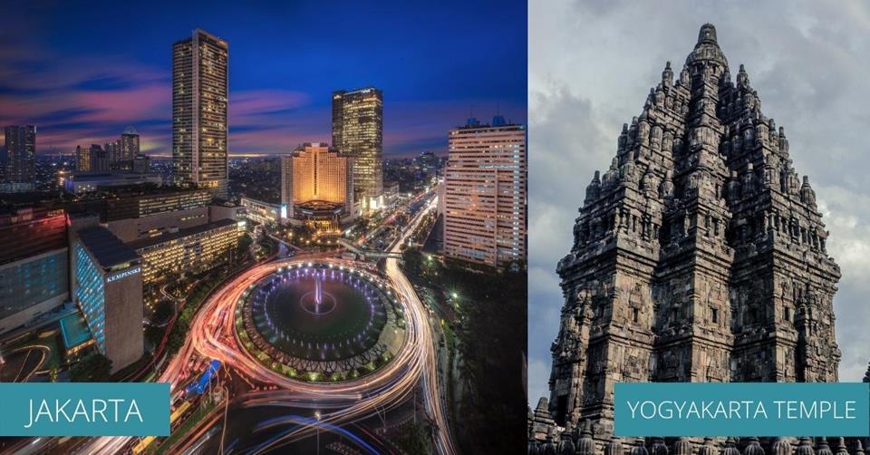 2 images - nightlights of Bali and Yogyakarta temple - 3 Weeks in Indonesia Itinerary