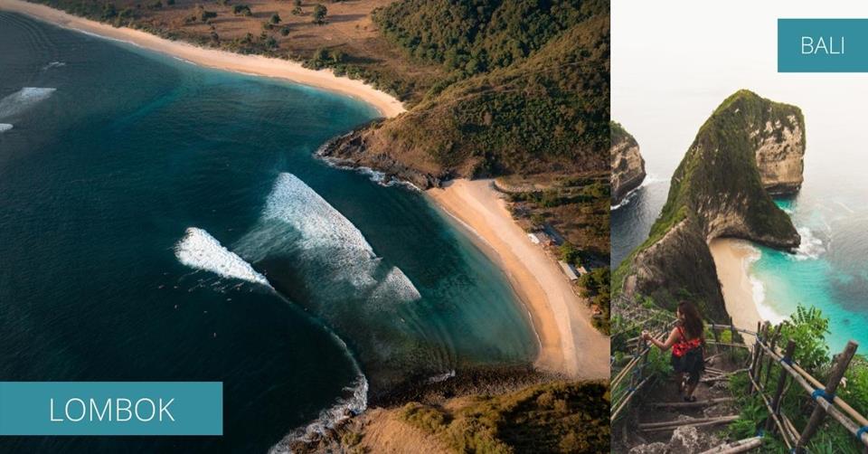 2 images - aerial view of An beach and bali cliff - 3 Weeks in Indonesia Itinerary