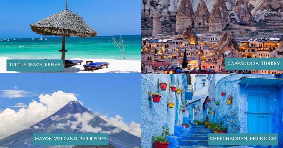 4 images - Turtle Beach Kenya, Cappadocia Turkey, Mayon Volcano Philippines, Chefchaouen Morocco - Best Affordable Destinations for a 3-week Vacation