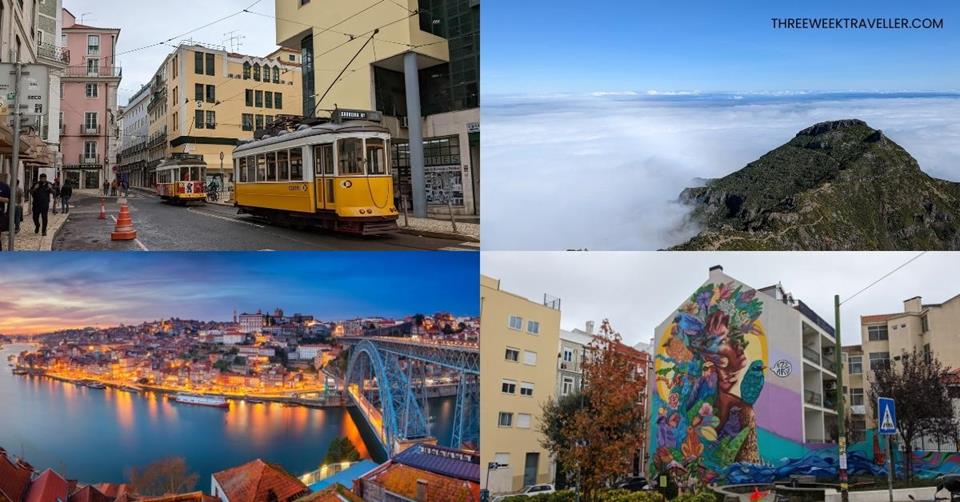 4 images - Tram 28 in Lisbon, peak of Pico Ruivo, Luis I Bridge in Porto, and a wall painting in Lisbon - 3 Weeks in Portugal Itinerary
