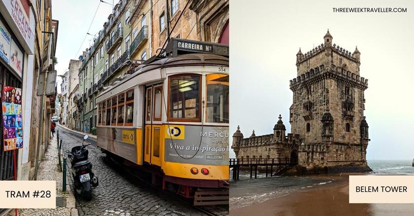2 images - a photo of tram 28 in Lisbon and Belem tower