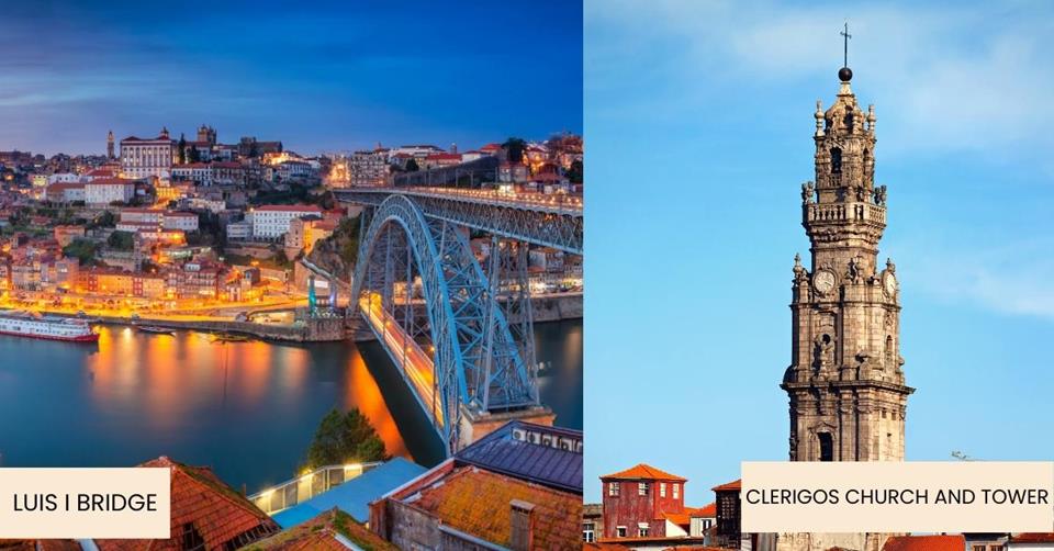 2 images - Luis I Bridge and Clerigos Church and Tower in Porto