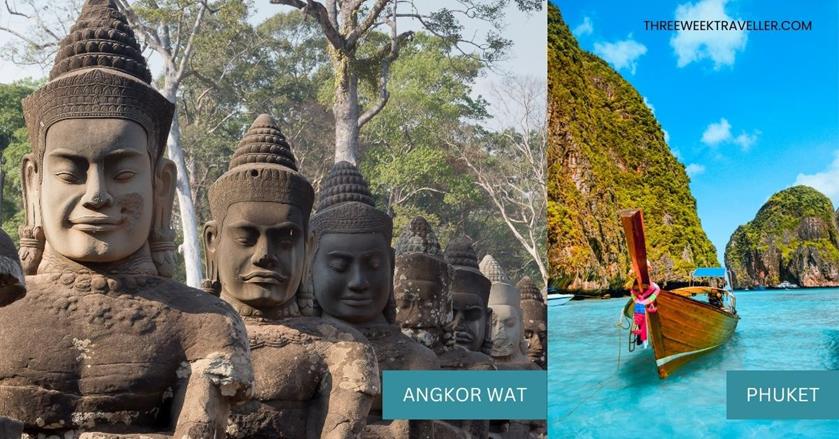2 images - Angkor Wat heads in Cambodia and Thai boat in Phuket