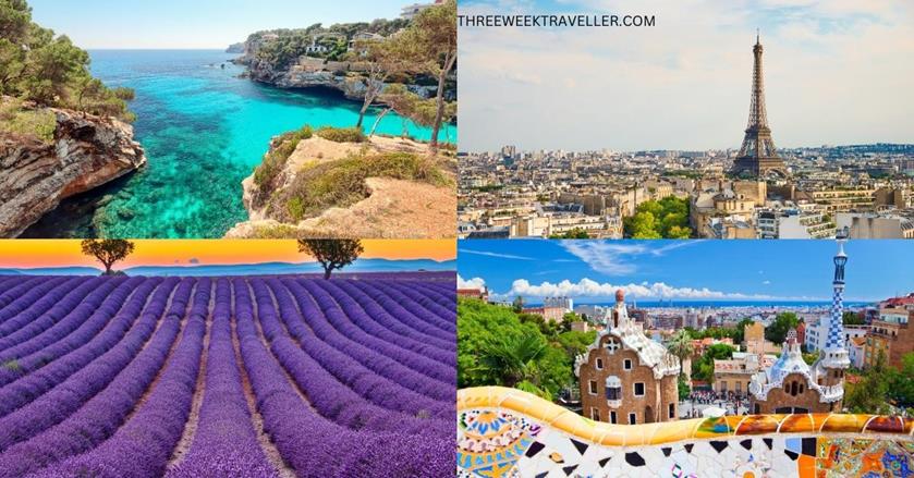 4 images - Mallorca Beach, Eiffel Tower, Parc Guell, and Lavender Fields Provence - 3 Weeks in France and Spain Itinerary