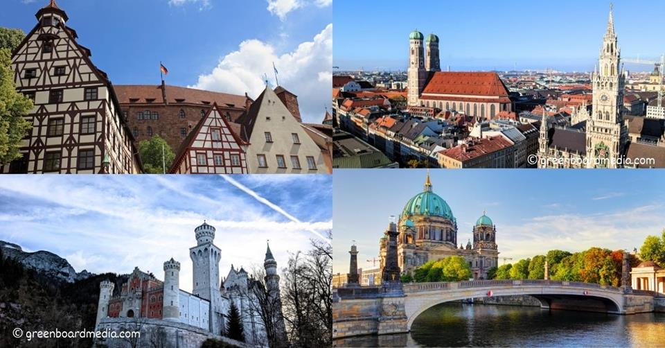 4 images - Nuremberg Castle, Munich Old Town, Berlin bridge, and Neuschwanstein Castle - 3 Weeks in Germany Itinerary
