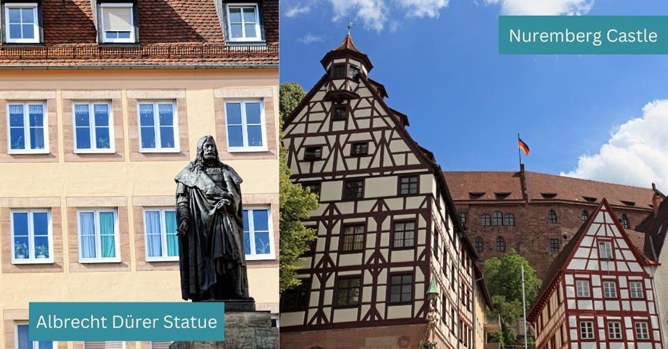 2 images - Albert Durer Statue and Nuremberg Castle