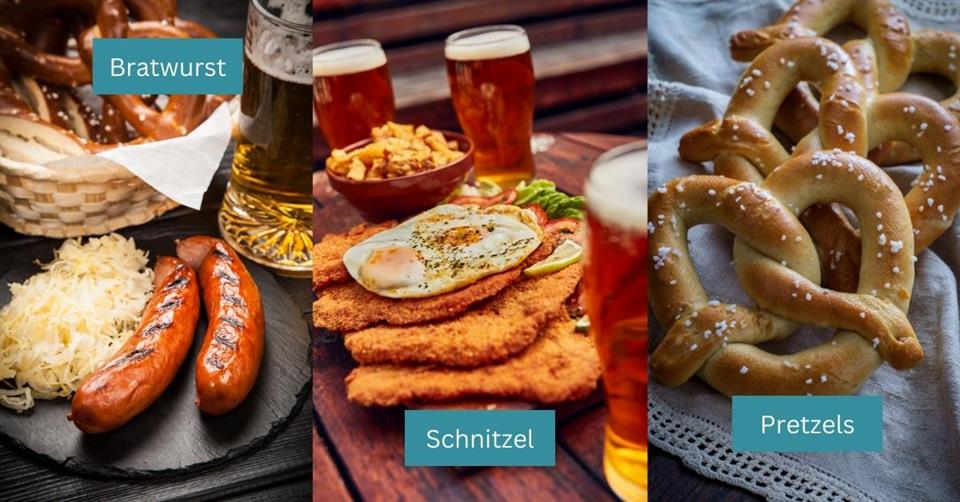 3 images - bratwurst, schnitzel, and pretzels