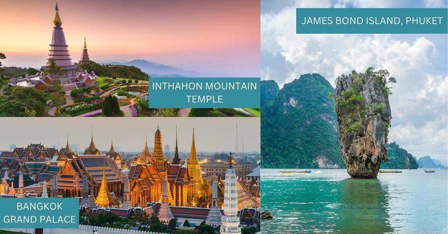 3 images - inthahon mountain temple in chiang mai, bangkok grand palace, and rock karst in james bond island in phuket