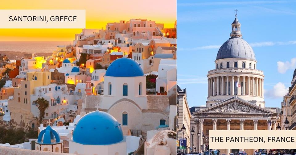 2 images - on the left is the white stone houses in Santorini Greece. On the right is the dome of Pantheon in France