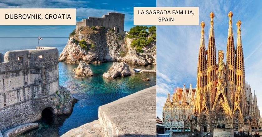 2 images - on the left is the Medieval Walls on the coast of Dubrovnik Croatia. On the right is La Sagrada Familia in Spain
