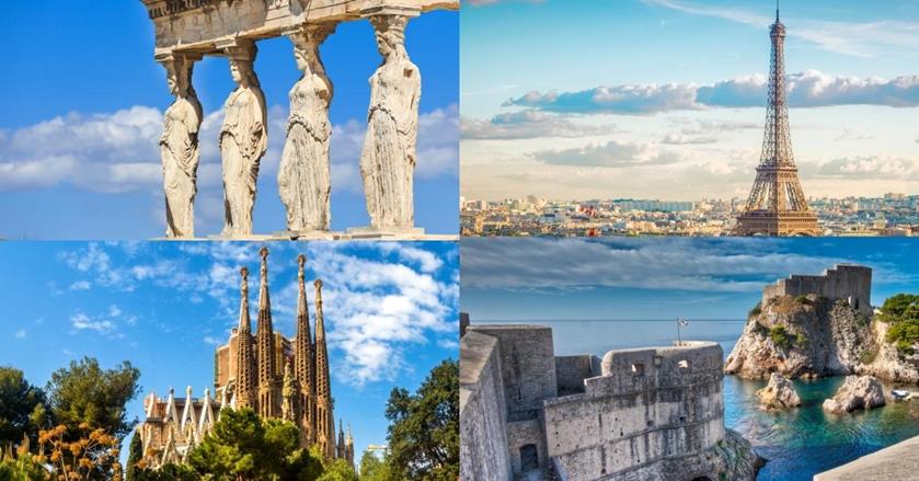 4 images - top right is the statues in ancient ruins of Athens, top right is the Eiffel Tower, bottom right is the Medieval walls in Croatia, bottom left is La Sagrada Familia in Spain - 3-Week Southern Europe Itinerary