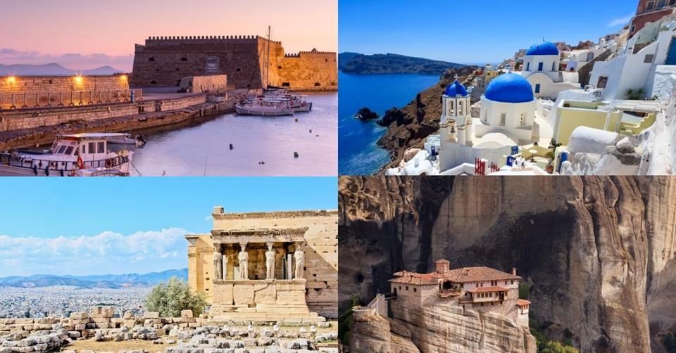 4 images - top left is Heraklion Fortress, top right is cave houses in Santorini, bottom right is the Meteora monastery that sits on top of a rock, bottom left are statues in Acropolis - 3 Weeks in Greece Itinerary