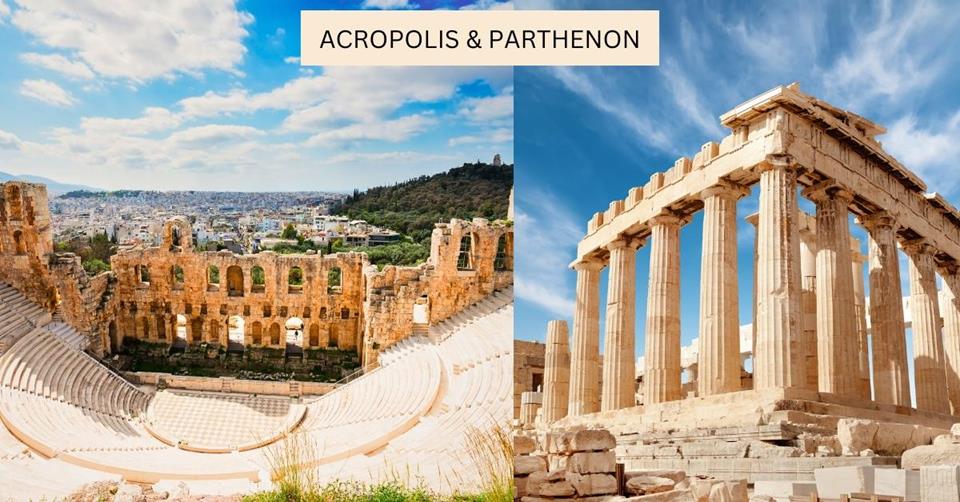 2 images - theatre of Acropolis on the left, column towers in Parthenon - 3 Weeks in Greece Itinerary
