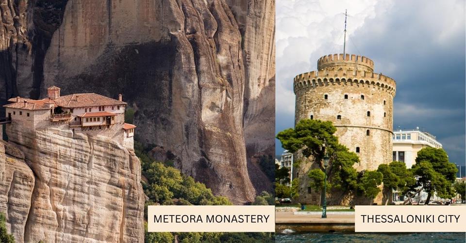 2 images - left is the Meteora monastery on top of a rock, on the right is the tower in Thessaloniki City -3 Weeks in Greece Itinerary
