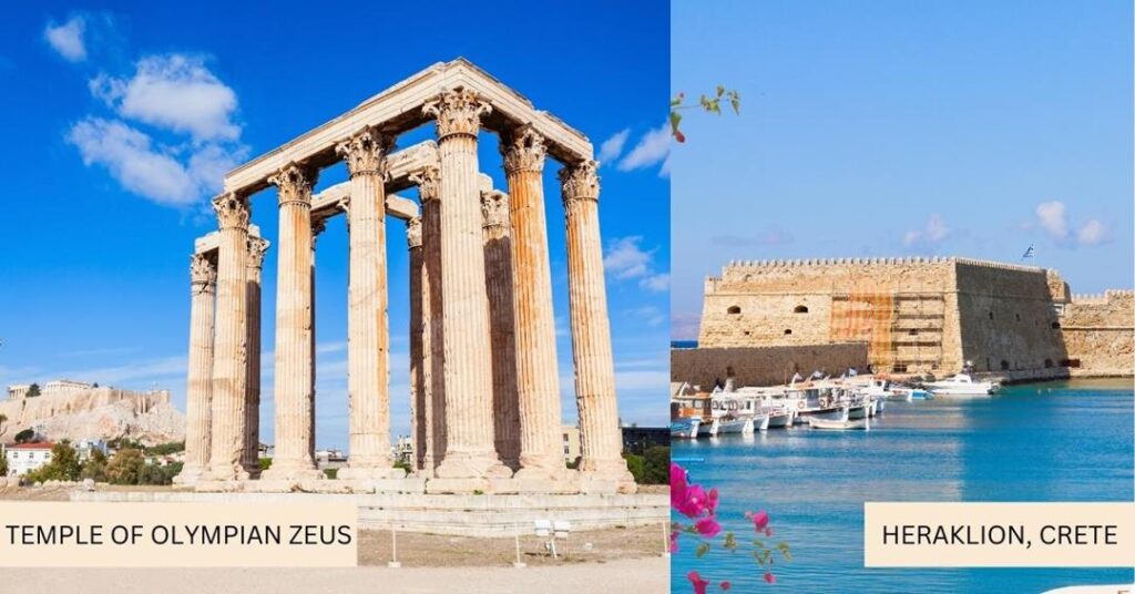 2 images - left is columns at Temple of Olympian Zeus and the fortress of Heraklion City