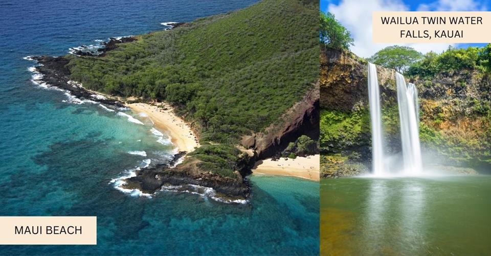 2 images - Maui Beach coast line shot from an aerial view. on the right is Wailua Twin water falls in Kauai island