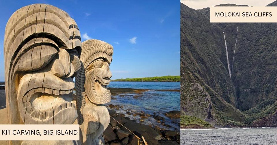 2 images - on the left is a Ki'i face carvings in Big Island Hawai'i. On the right is Molokai Sea Cliff waterfalls