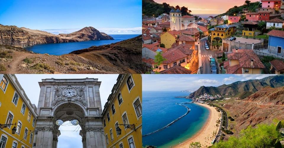 4 images - top left is western cape of Madeira island showing desert-like terrain and blue waters. On top right is a neighborhood in Spain with colourful roofs. Bottom right is the coast line of Tenerife showing blue waters and beaches, Bottom left is a the famous street in Lisbon - 3 Weeks in Spain and Portugal Itinerary