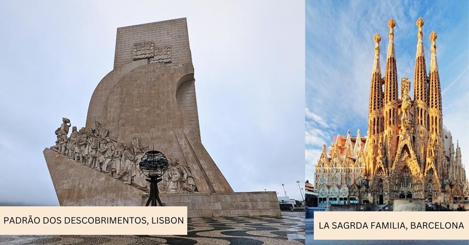 2 images - left is the famous Padrao dos Descobrimentos in Lisbon and right is La Sagrada Familia in Barcelona