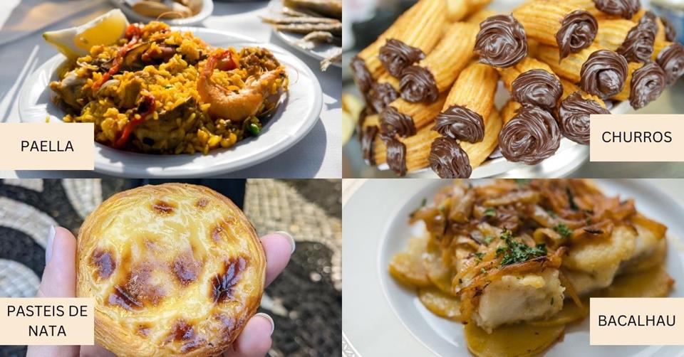 4 images of food - top left is paella, top right is churros, bottom left is pasteis de nata, bottom right is bacalhau - 3 Weeks in Spain and Portugal Itinerary
