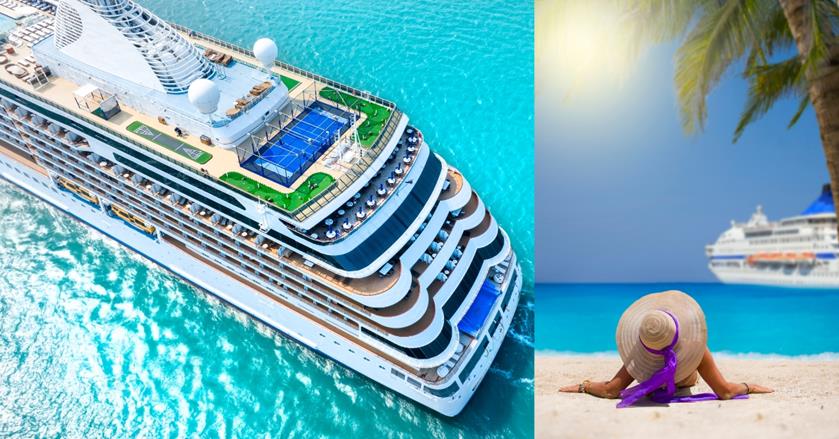 2 images - on the left is an aerial shot of a cruise ship. On the right is a person wearing a sun hat, lying on the sandy beach facing the water - BEST 3-WEEK CRUISES