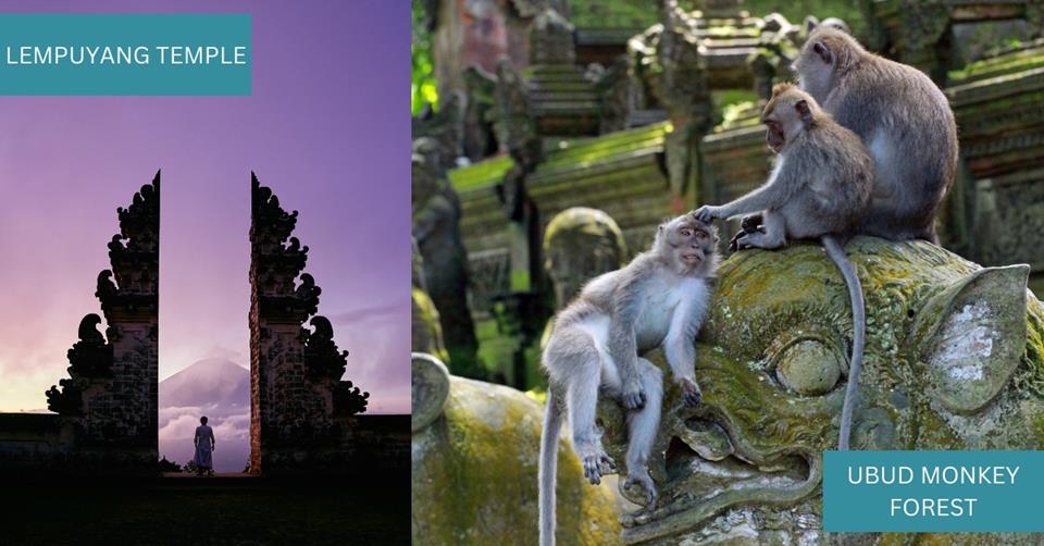 2 images - on the left is the Lempuyang Temple with a man standing in the middle of it. On the right are three monkeys sitting on a sculpture in Monkey Forest of Ubud