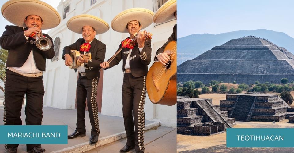 2 images - on the left is a Mariachi Band. On the right is the Aztec architecture at Teotihuacan.