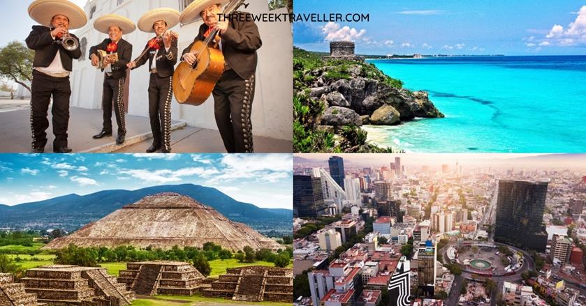 4 images - mexican guys with mariachi instruments, beach in cancun, aerial view of mexico city, teotihuacan pyramid 3-weeks in mexico itinerary
