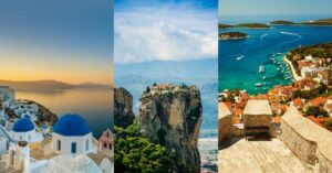 3 images - on the left is Oia Village with white stone houses and blue roofs. In the middle the the Meteroa Monastery on top of the rock. On the right is the Port Hvar. - 3 Weeks in Greece and Croatia Itinerary
