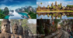 angkor wat, face statues, tower, halong beach boats and pillar stones, train tracks - 3 WEEKS IN CAMBODIA AND VIETNAM ITINERARY