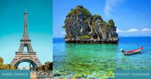 2 images - on the left is Eiffel Tower. On the right is a karst limestone in Phuket Island - 3-week Vacation Package