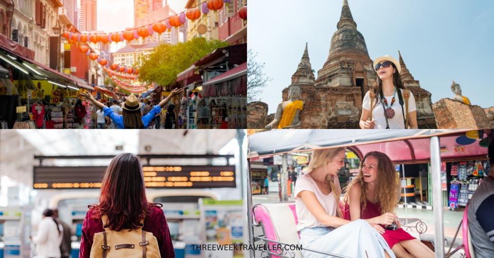 4 images - top left is a women wearing blue shirt and a hat in the middle of bazaar in Asia. Top right is a woman wearing white shirt, glasses, and a hat standing in front of a pagoda. bottom right are two white women sitting on a tuktuk. bottom left is a woman with brown hair and brown backpack looking at flight boards Packing List For Southeast Asia 3-Week Trip